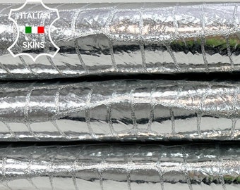 METALLIC SILVER CRINKLED Crocodile Print On Italian Goatskin Goat leather hide hides skin skins 5sqf 0.8mm #B9969