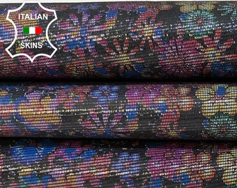 FLOWERS SHIMMER & SHINE Print On Black Soft Italian Goatskin Goat Leather hide hides skin skins 3+sqf 0.7mm #B8983