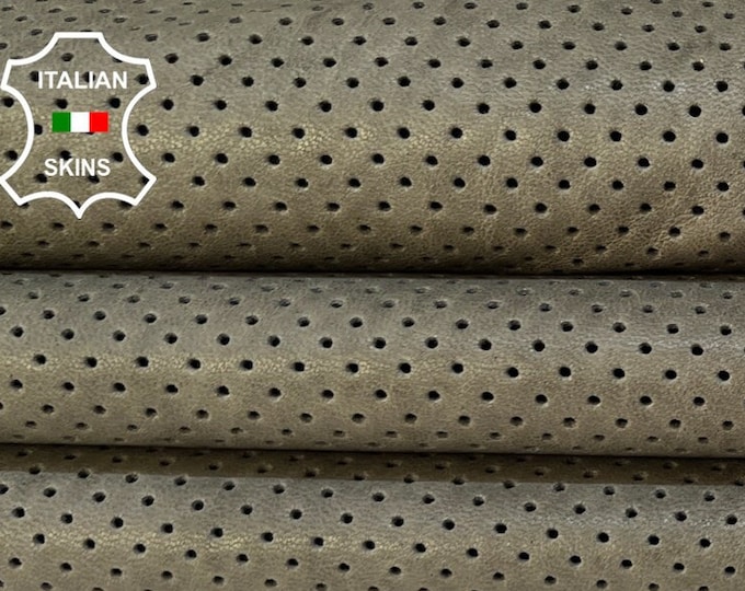 OLIVE GREEN ANTIQUED Pinholes Perforated Vegetable Tan Thick Italian Lambskin Lamb Sheep Leather hide hides skin skins 5sqf 1.1mm #B8753