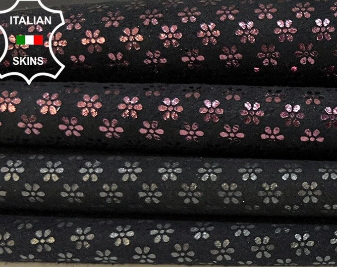 METALLIC PLUM & GUNMETAL Flowers Print On Black Suede Soft Italian Goatskin Goat Leather pack 2 hides skins total 5sqf 0.8mm #B9150