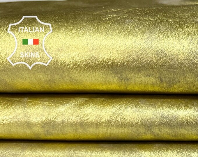 METALLIC YELLOW  DISTRESSED Vintage Look Thin Soft Italian Calfskin Calf Cow Leather hide hides skin skins 4sqf 0.6mm #B7026