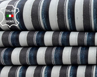 GREY & BLUE LINES Print On White Thick Soft Italian Lambskin Lamb Sheep Leather hide hides skin skins 8sqf 1.1mm #C902