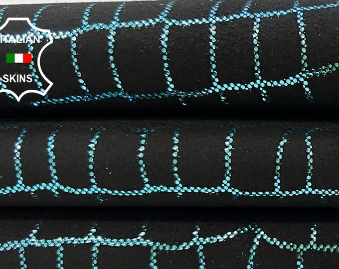 BLACK SUEDE METALLIC Teal Crocodile Print On Soft Italian Goatskin Goat leather hide hides skins skins 4sqf 0.9mm #C23