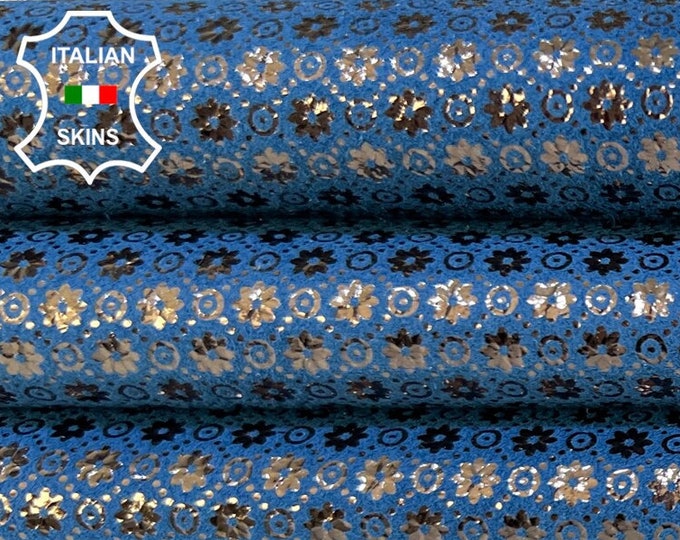 GUNMETAL FLOWERS EYES Attraction Print On Blue Nubuck Thin Soft Italian Goatskin Goat Leather hide hides skin skins 4sqf 0.6mm #B9159