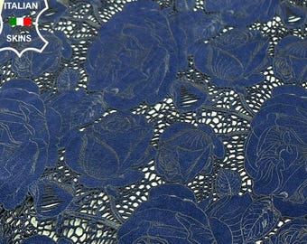 INK BLUE FLOWERS Laser Engraved Soft Italian Lambskin Sheep Lamb leather hide hides skin skins 4+sqf 0.9mm #C5153