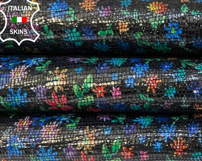 MULTICOLOR FLOWERS & SHINY Lizard Print On Black Soft Italian Goatskin Goat Leather hide hides skin skins 3sqf 0.9mm #B9306