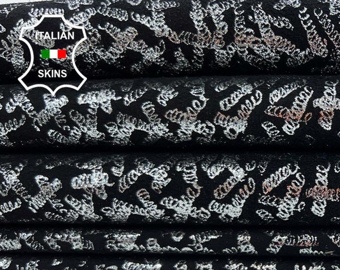 METALLIC SILVER Print On BLACK Thin Soft Italian Goatskin Goat Leather pack 2 hides skins total 10sqf 0.6mm #C1007