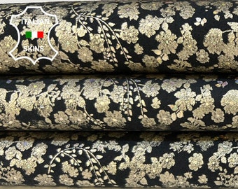 METALLIC PLATINUM FLOWERS Print On Black Italian Goatskin Goat Leather hide hides skin skins 4sqf 0.8mm #B8994