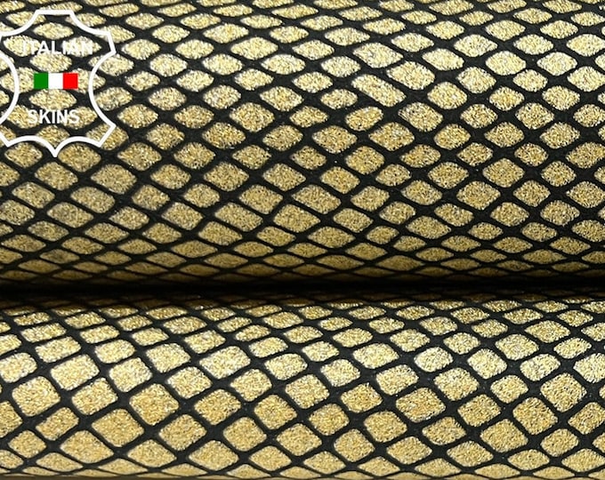 GOLD PEARLIZED SNAKE Print On Black Italian Goatskin Goat Leather hide hide skin skins 4sqf 1.0mm #B9509