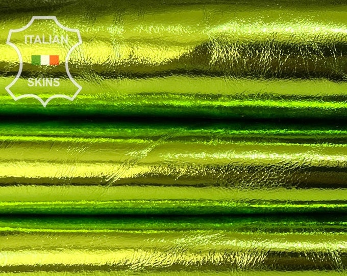 METALLIC LIME GREEN Wrinkled Soft Italian Lambskin Lamb Sheep Leather hide hides skin skins 6sqf 0.7mm #B8048