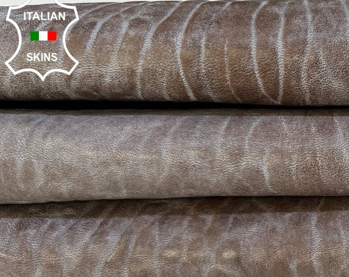 GRAY BUBBLY DISTRESSED On Brown Vintage Look VegetableTan Thick Soft Italian Lambskin Sheep Leather hide hides skin skins 5sqf 1.2mm #B8472