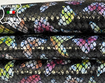 BUTTERFLIES & SNAKE SHINY Print On Black Soft Italian Goatskin Goat Leather hide hides skin skins 2+sqf 0.8mm #B9001