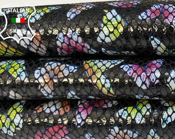 BUTTERFLIES & SNAKE SHINY Print On Black Soft Italian Goatskin Goat Leather hide hides skin skins 2+sqf 0.8mm #B9001