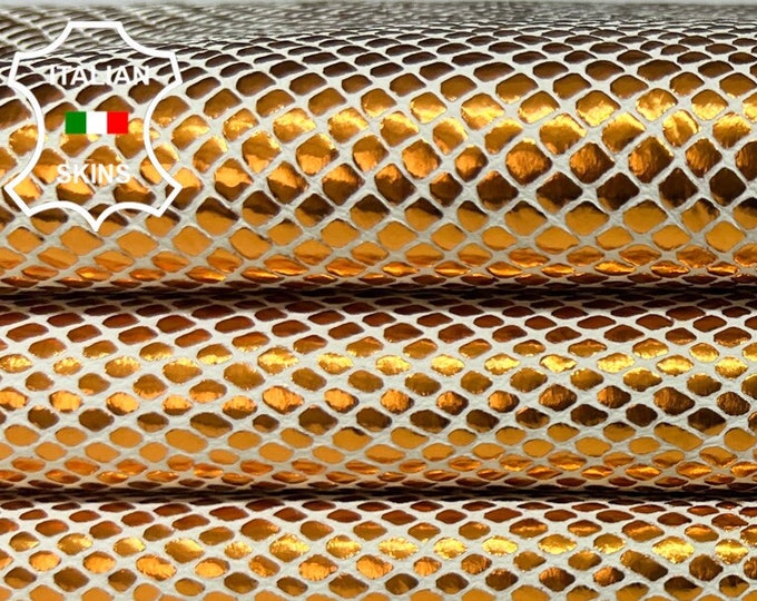 METALLIC ORANGE Snake Textured Print On Ivory Soft Italian Goatskin Goat Leather hide hides skin skins 4sqf 1.0mm #B6605