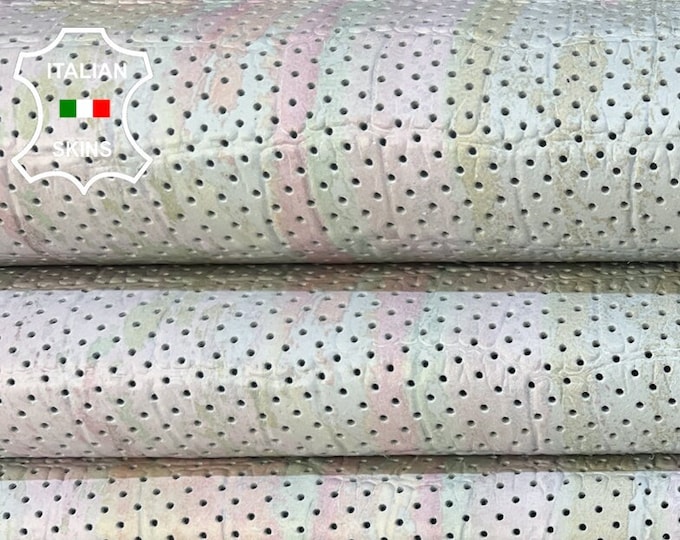 PASTEL MULTICOLORS DISTRESSED On Light Gray Crocodile Textured Print On Pinholes Perforated Italian Lambskin leather hides 8sqf 1.0mm B8800