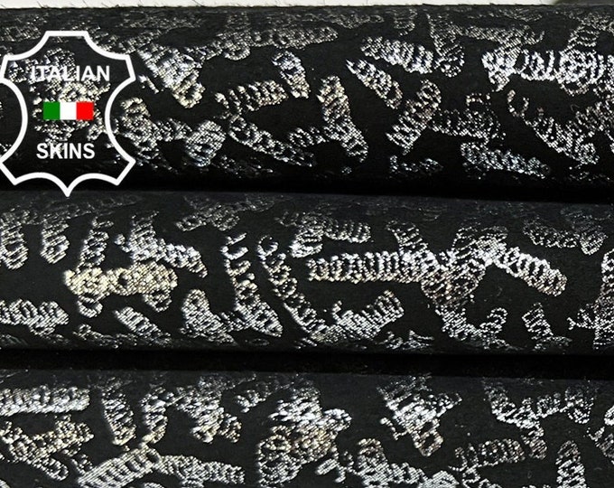 METALLIC SILVER SHIMMER Print On Black Suede Thick Italian Goatskin Goat Leather hide hides skin skins 3sqf 1.1mm #B5889