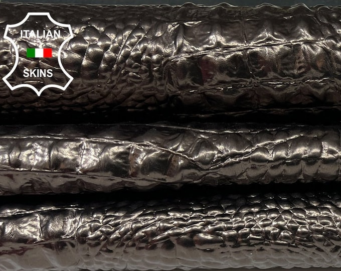 METALLIC GUNMETAL ALLIGATOR Crocodile Embossed Textured on Italian Goatskin Goat leather hides pack 2 skins total 8+sqf 0.7mm #A9557