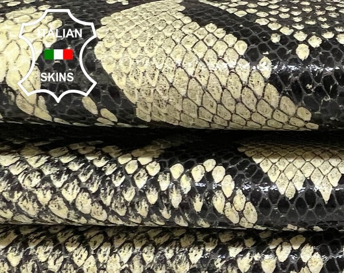 BLACK PYTHON PRINT On Ivory Shiny Soft Italian Goatskin Goat Leather hide hides skin skins 4sqf 0.8mm #B5873