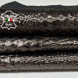 METALLIC GUNMETAL ALLIGATOR Crocodile Embossed Textured on Italian Goatskin Goat leather hides pack 2 skins total 8+sqf 0.7mm #A9557