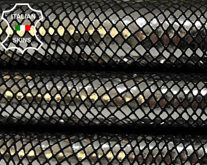 METALLIC GUNMETAL SNAKE Print On Black Soft Italian Goatskin Goat Leather hide hides skin skins 5sqf 0.8mm #B9073