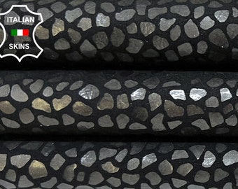Delivered Duty Paid-GUNMETAL PEARLIZED STONES Shapes Print On Black Soft Goat Leather skin 3+sqf 0.9mm #B9151