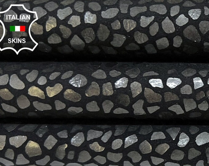 GUNMETAL PEARLIZED STONES Shapes Print On Black Soft Italian Goatskin Goat Leather hide hides skin skins 3+sqf 0.9mm #B9151