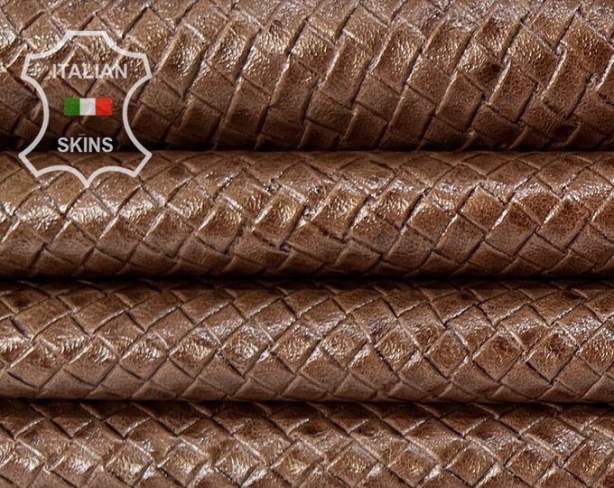 BROWN WOVEN TEXTURED Embossed Thin soft Italian Lambskin Lamb Sheep Leather hide hides skin skins 6+sqf 0.5mm #B8169