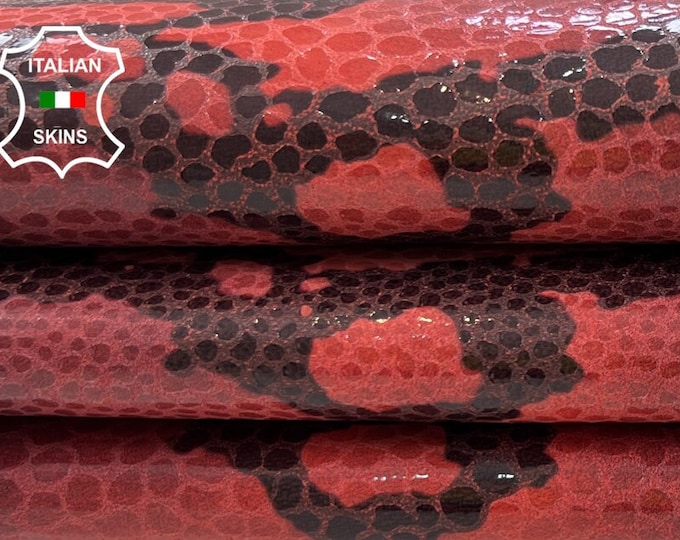 BLACK PYTHON Print On SALMON Shiny Distressed Thick Italian Lambskin Lamb Sheep Leather hide hides skin skins 5sqf 1.3mm #C900