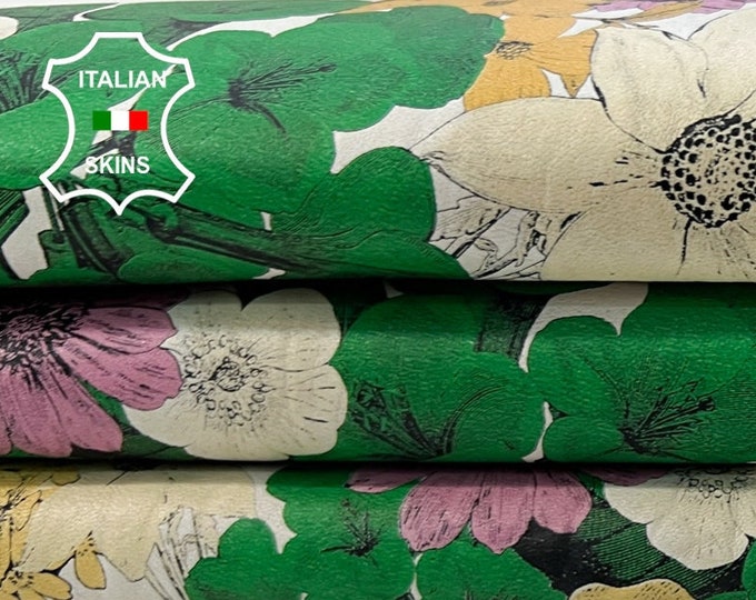 MULTICOLOR FLOWERS PRINT On Vintage Look Soft Italian Lambskin Lamb Sheep Leather hide hides skin skins 5+sqf 0.7mm #C334