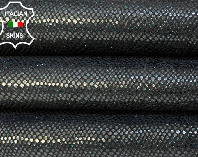 TEAL PEARLIZED REPTILE Print On Black Thick Soft Italian Goatskin Goat Leather hide hides skin skins 4+sqf 1.1mm #B9465