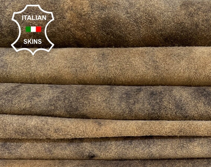 KHAKI SUEDE ANTIQUED Distressed Vintage Look Soft Italian Lambskin Lamb Sheep Leather pack 2 hides skins total 12sqf 0.8mm #B8474