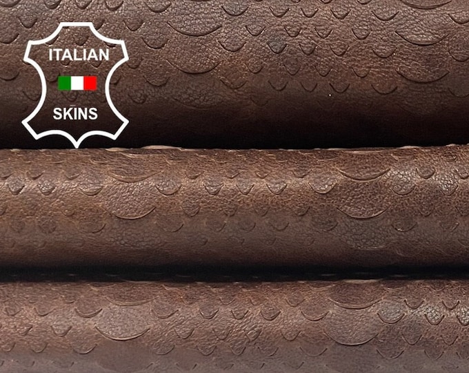 BROWN ANTIQUED VEGETABLE Tan Snake Scales Textured Print On Italian Lambskin Lamb Sheep Leather hides hide skin skins 8sqf 0.9mm #B1418
