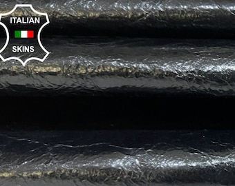 Delivered Duty Paid-PATENT BLACK CRINKLED Shiny Thin Italian Goat Leather skin 5sqf 0.5mm #B5782