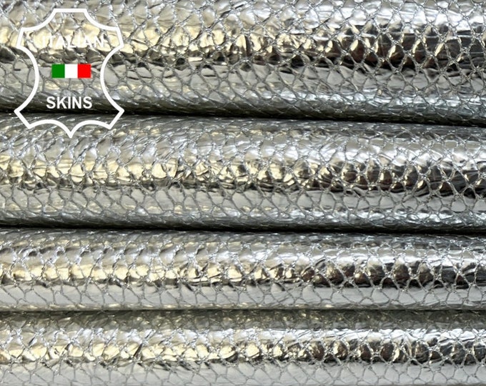 METALLIC SILVER SNAKE Textured Print On Soft Italian Lambskin Lamb Sheep Leather pack 2 hides skins total 16sqf 0.7mm #B5617