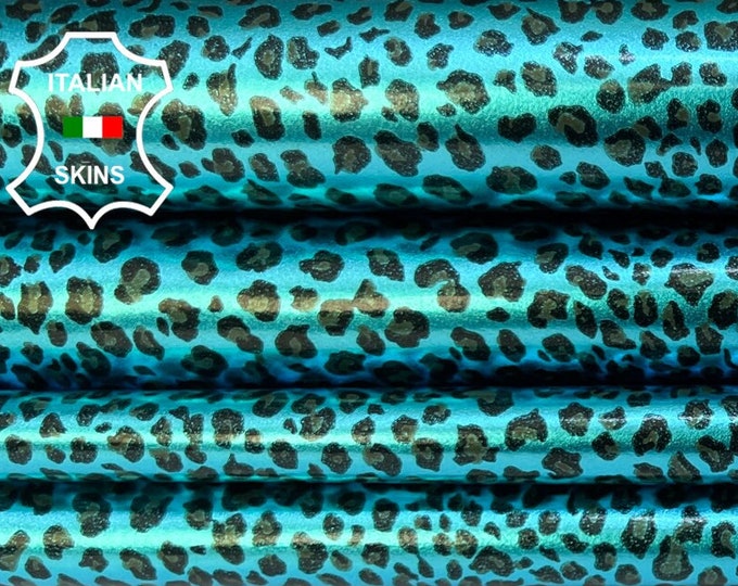 METALLIC CHEETAH LEOPARD Turquoise Blue Print On Italian Lambskin Lamb Sheep Leather pack 2 hides skins total 14sqf 0.8mm #CA4B4345