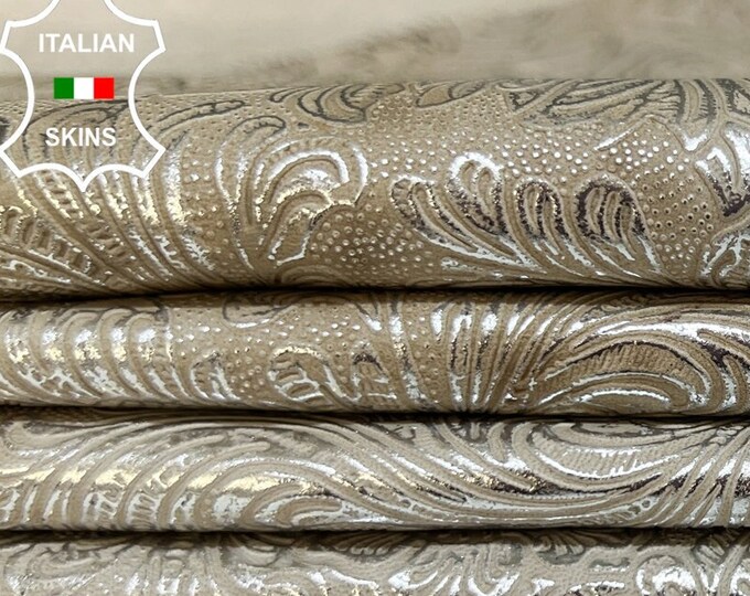 METALLIC SILVER PAISLEY Flowers Print Embossed On Beige Thin Soft Italian Lambskin Lamb Sheep Leather pack 3 hides total 18sqf 0.6mm #B6649