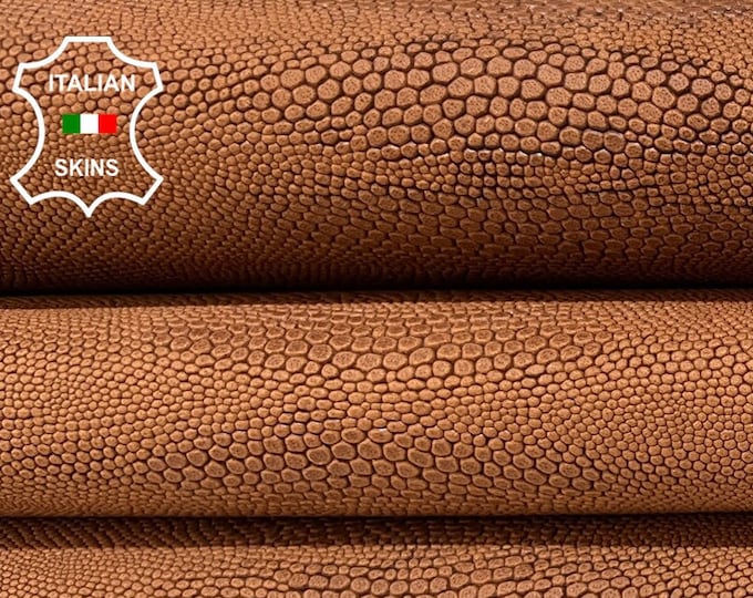 NATURAL COGNAC BROWN Reptile Textured Embossed Print On Vegetable Tan Strong Italian Goatskin Leather hide hides skins 10+sqf 1.0mm #B8813