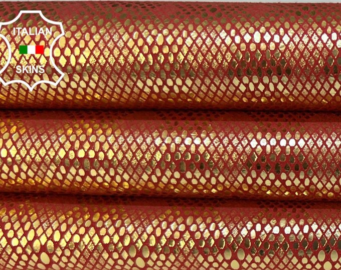 METALLIC GOLD Print On RED Soft Italian Lambskin Lamb Sheep Leather hide hides skin skins 3sqf 0.8mm #B8508