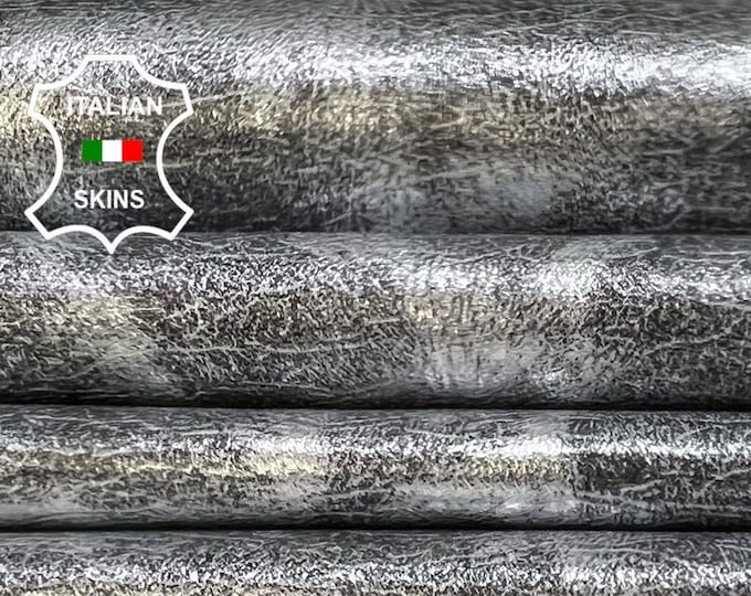 METALLIC SILVER LEOPARD Print On Vintage Look Soft Italian Lambskin Lamb Sheep Leather pack 2 hides skins total 13sqf 0.7mm #B5602