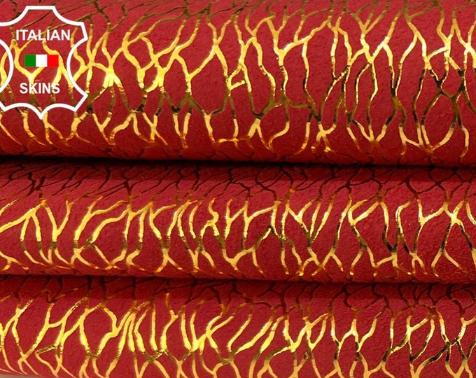 METALLIC GOLD ROOTS Print On Coral red Suede Italian Goatskin Goat Leather hide hides skin skins 4+sqf 1.0mm #B9304