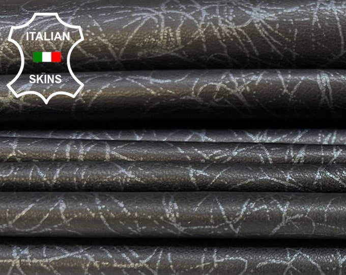 GRAY SCRIBBLES PRINT On Black Soft Italian Lambskin Lamb Sheep Leather pack 2 hides skins total 12+sqf 0.7mm #B4073