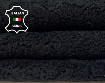 BLACK On SMOOTH BLACK Leather Soft sheepskin shearling fur hairy sheep Italian leather skin  skins hide hides 23"x24"  #B633