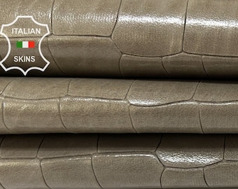 Delivered Duty Paid-KHAKI CROCODILE Textured Embossed Print On Vegetable Tan Shiny Thick Goat Leather skin 5+sqf 1.4mm #B7016
