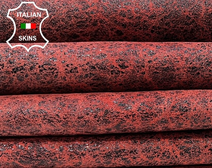 BLACK SHINY CRACKED On Washed Red Double Face Vintage Look Vegetable Tan Thick Italian Goat Leather pack 2 hides total 10+sqf 1.2mm #C153