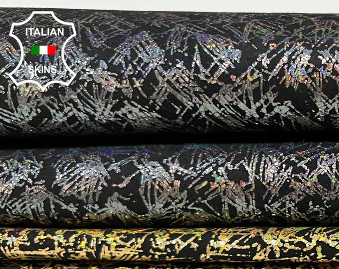 METALLIC GOLD & STEEL Print On Black Italian Goatskin Goat Leather pack 2 hides skins total 4+sqf 0.9mm #B9649