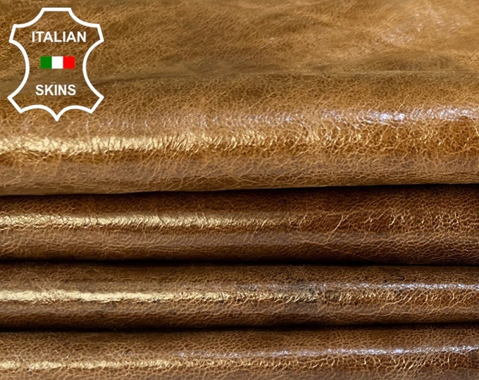 CAMEL BROWN ANTIQUED Waxy Shiny Vintage Look Soft Italian Lambskin Lamb Sheep leather hide hides skin skins 6sqf 0.7mm #B8495