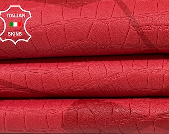 Delivered Duty Paid-RASPBERRY RED CROCODILE Textured Print Embossed On Thick Soft Lamb Leather skin 6sqf 1.4mm #B9444