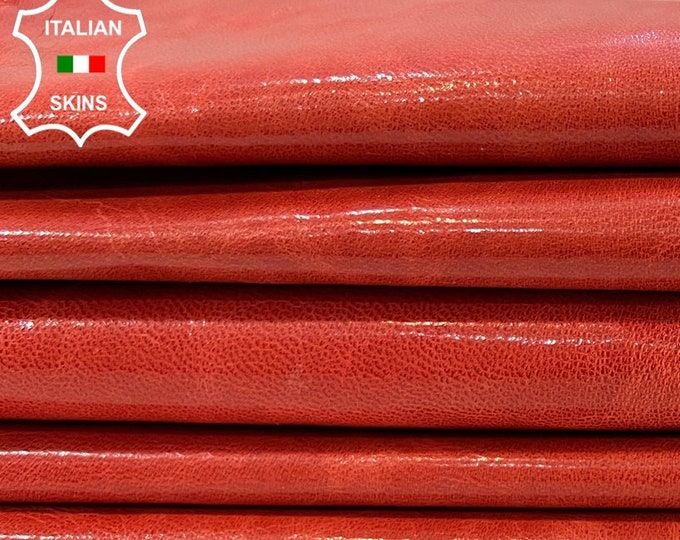 CORAL ORANGE Crinkle Shiny Vintage Look Italian Goatskin Goat leather pack 2 hides skins total 9+sqf 0.7mm #C55