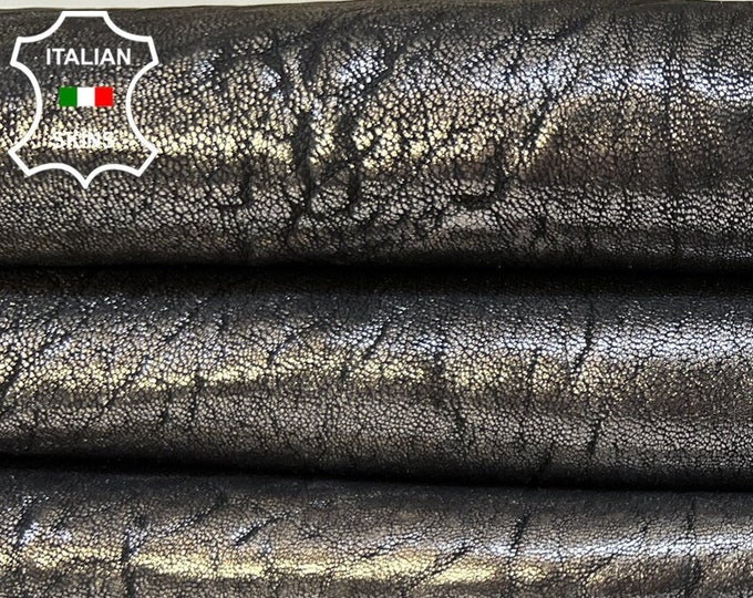 METALLIC GUNMETAL GRAINY Antiqued On Black Vegetable Tan Thick Soft Italian Lambskin Lamb Sheep Leather hide hides skins 5sqf 1.4mm #B8917