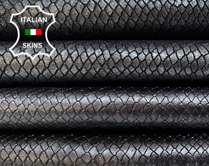 GUNMETAL SNAKE Textured Print Embossed On Black Italian Goatskin Goat Leather pack 3 hides skins total 15sqf 0.8mm #B6637